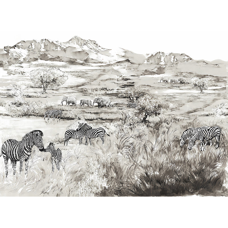 Tropix Animals African Savannas Murals in Pewter Stain Resistant Wall Art for Living Room Clearhalo 'Wall Decor' 'Wall Mural' 1274473