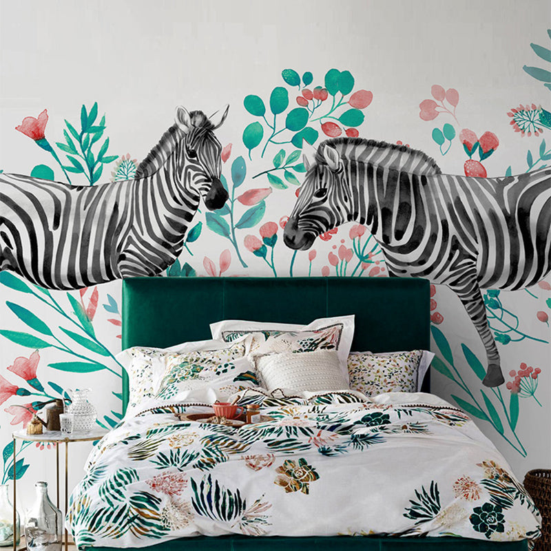 Stylish Zebra Wall Paper Murals Multicolored Flowers Wall Covering on White for Bedroom White Clearhalo 'Wall Decor' 'Wall Mural' 1274495