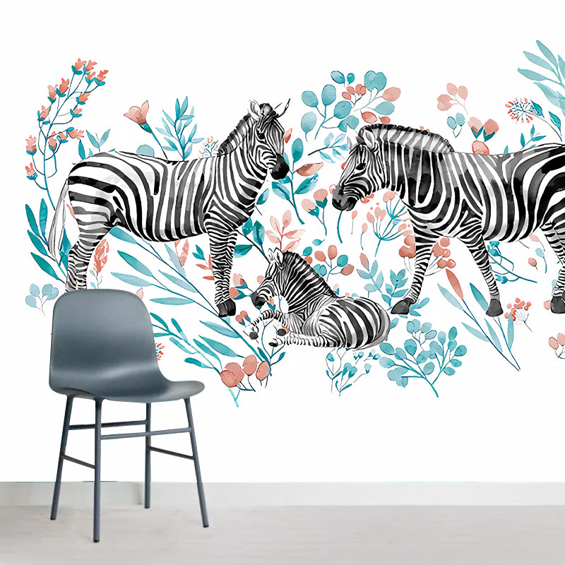 Stylish Zebra Wall Paper Murals Multicolored Flowers Wall Covering on White for Bedroom Clearhalo 'Wall Decor' 'Wall Mural' 1274496