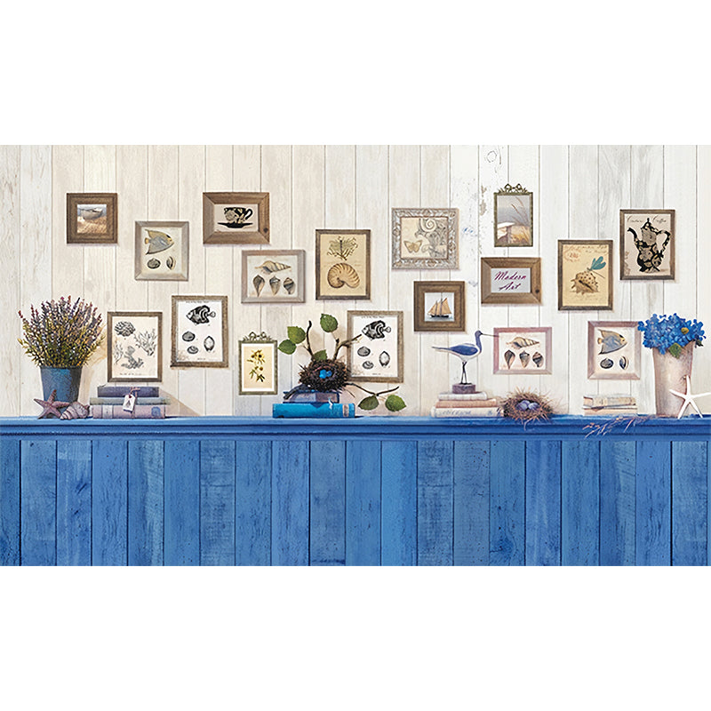 Whole Cottage Mural Wallpaper in Blue Bed Back Table and Photo Pattern Wall Covering, Custom Print Clearhalo 'Wall Decor' 'Wall Mural' 1274518