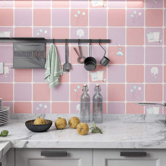 Adhesive Check Tile Wallpaper Cartoon Stain-Resistant Kitchen Wall Covering, 19.4-sq ft, Removable Pink Clearhalo 'Modern wall decor' 'Modern' 'Wallpaper' Wall Decor' 1274576