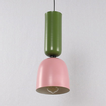 Double Cone Ceiling Pendant Light Nordic Metal 1 Light Green and Pink/Blue and Black/Brown and Yellow Hanging Light Green-Pink Clearhalo 'Ceiling Lights' 'Modern Pendants' 'Modern' 'Pendant Lights' 'Pendants' Lighting' 127624