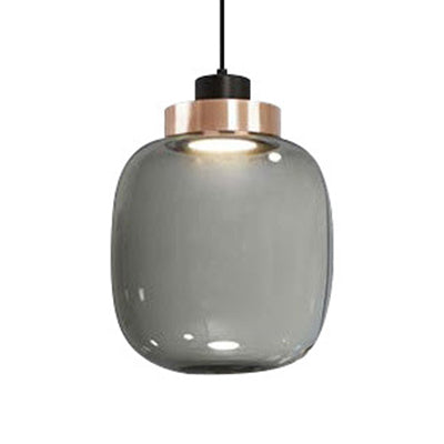 Smoky Drum/Cylindrical Suspension Pendant Post Modern 7"/8.5" Wide Led Glass Hanging Light Kit in White/Warm Light Smoke Gray 7" Clearhalo 'Ceiling Lights' 'Glass shade' 'Glass' 'Modern Pendants' 'Modern' 'Pendant Lights' 'Pendants' Lighting' 127959