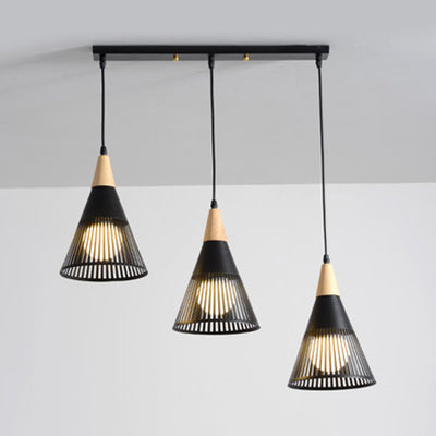 Modern Wood Finish Pendant Light with Cone Shade Hollow Design Metal Hanging Lamp for Restaurant Black Linear Canopy Clearhalo 'Ceiling Lights' 'Modern Pendants' 'Modern' 'Pendant Lights' 'Pendants' Lighting' 128041