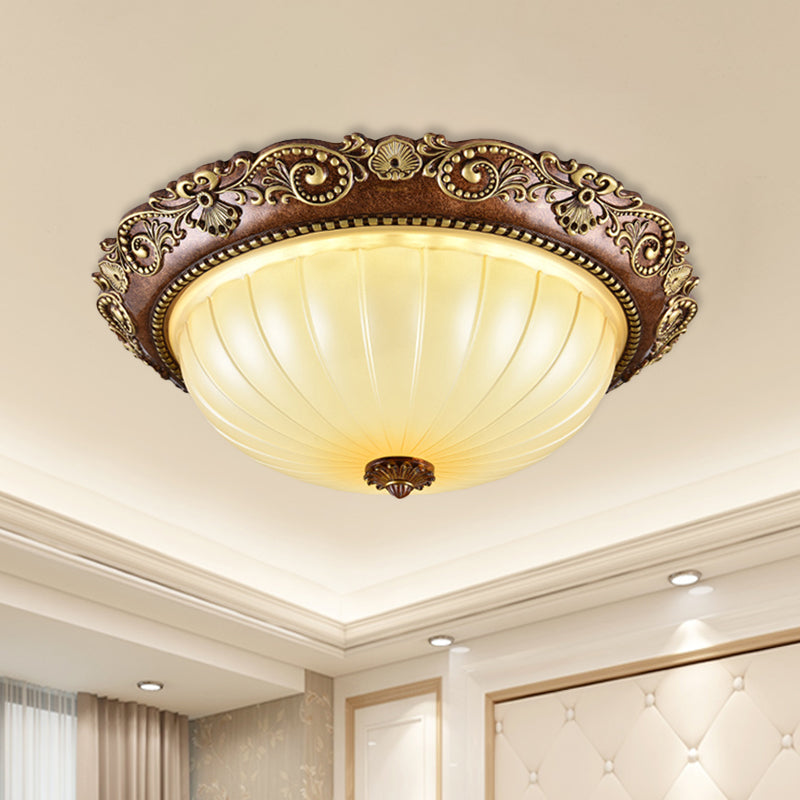 Bowl Ribbed Glass Ceiling Flush Traditional Foyer 14"/16"/19.5" Wide LED Flush Mount Light Fixture in Brown Brown Clearhalo 'Ceiling Lights' 'Close To Ceiling Lights' 'Close to ceiling' 'Flush mount' Lighting' 1283232