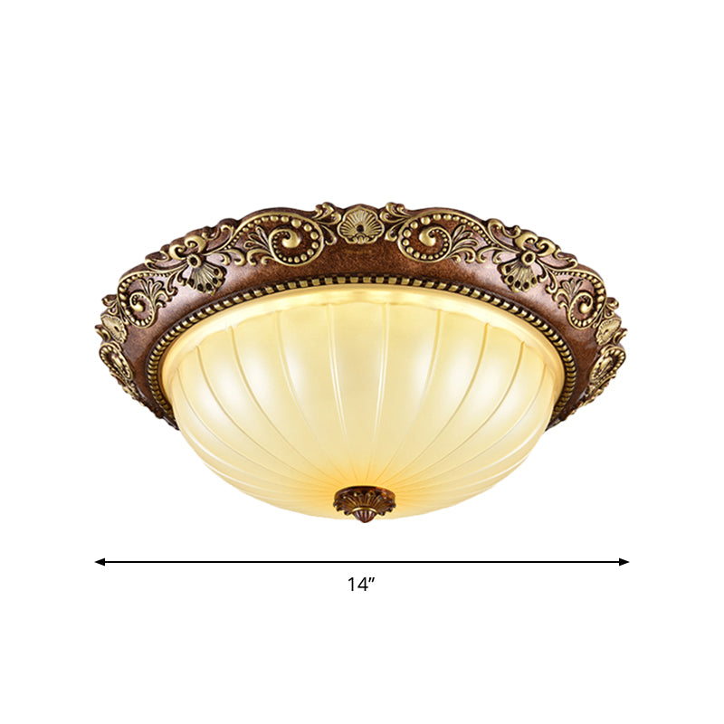 Bowl Ribbed Glass Ceiling Flush Traditional Foyer 14"/16"/19.5" Wide LED Flush Mount Light Fixture in Brown Clearhalo 'Ceiling Lights' 'Close To Ceiling Lights' 'Close to ceiling' 'Flush mount' Lighting' 1283235