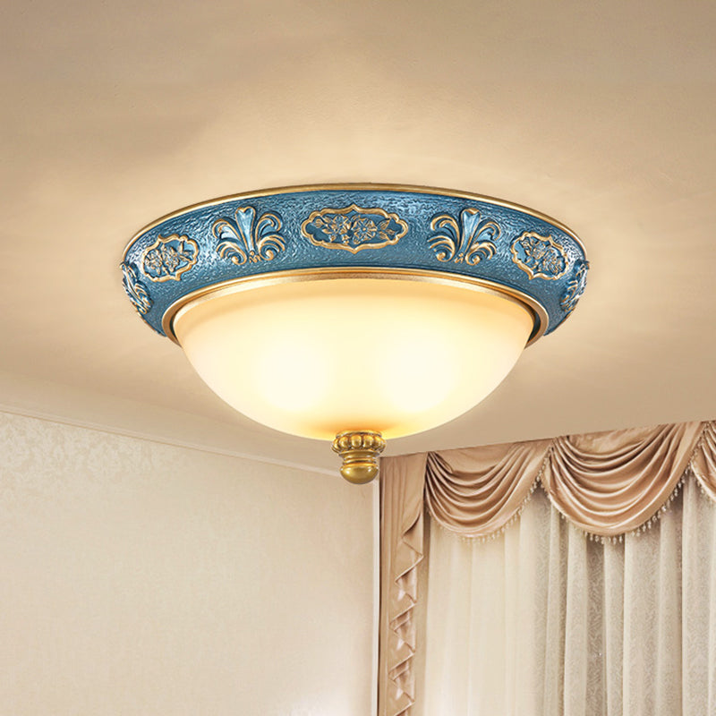 Blue 3-Light Flush Lighting Countryside Tan Glass Domed Flush Mount Lamp for Bedroom, 15"/19" Wide Blue Clearhalo 'Ceiling Lights' 'Close To Ceiling Lights' 'Close to ceiling' 'Flush mount' Lighting' 1283265