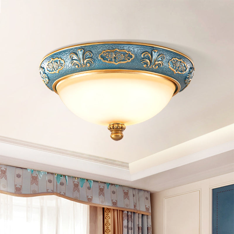 Blue 3-Light Flush Lighting Countryside Tan Glass Domed Flush Mount Lamp for Bedroom, 15"/19" Wide Clearhalo 'Ceiling Lights' 'Close To Ceiling Lights' 'Close to ceiling' 'Flush mount' Lighting' 1283266