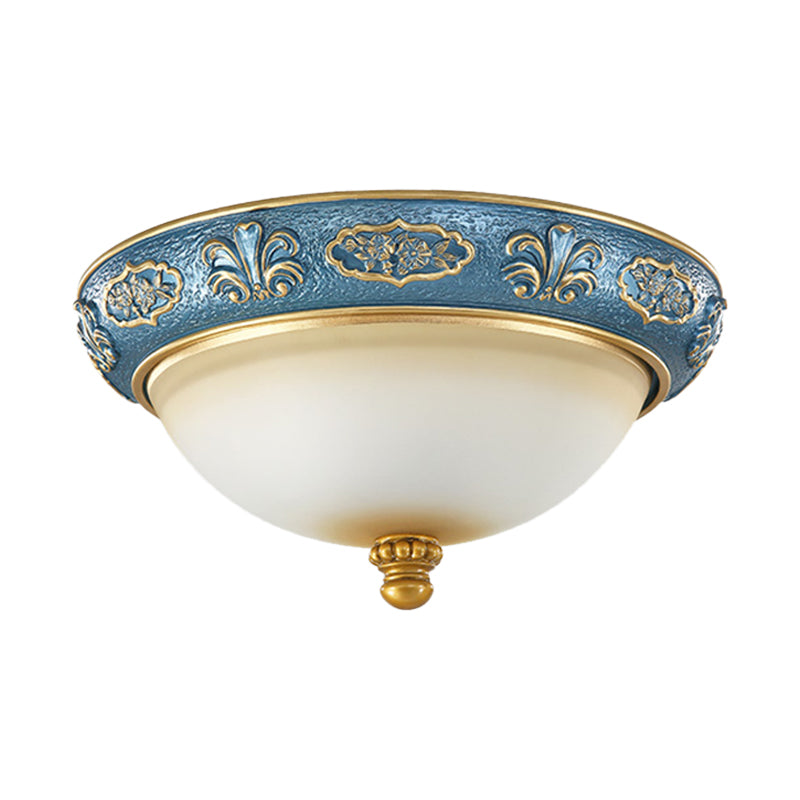 Blue 3-Light Flush Lighting Countryside Tan Glass Domed Flush Mount Lamp for Bedroom, 15"/19" Wide Clearhalo 'Ceiling Lights' 'Close To Ceiling Lights' 'Close to ceiling' 'Flush mount' Lighting' 1283267