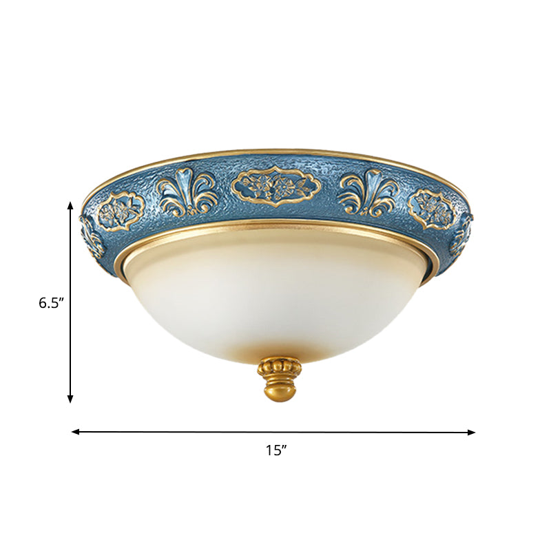 Blue 3-Light Flush Lighting Countryside Tan Glass Domed Flush Mount Lamp for Bedroom, 15"/19" Wide Clearhalo 'Ceiling Lights' 'Close To Ceiling Lights' 'Close to ceiling' 'Flush mount' Lighting' 1283268