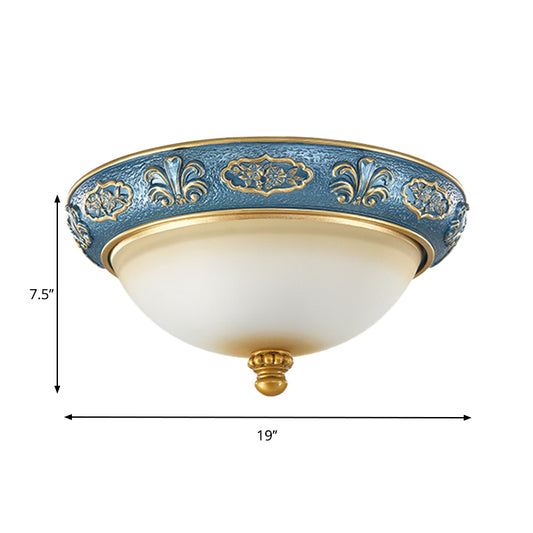 Blue 3-Light Flush Lighting Countryside Tan Glass Domed Flush Mount Lamp for Bedroom, 15"/19" Wide Clearhalo 'Ceiling Lights' 'Close To Ceiling Lights' 'Close to ceiling' 'Flush mount' Lighting' 1283269