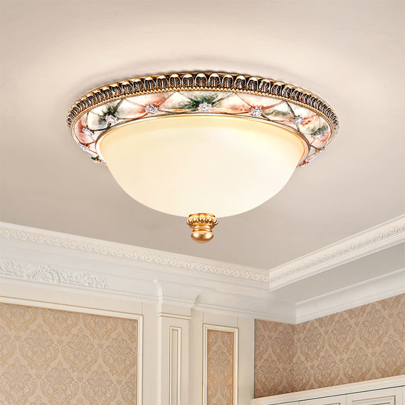 Domed White Glass Ceiling Mounted Lamp Traditional 16"/19.5" Wide 3-Head Bedroom Flush Lighting in Gold Clearhalo 'Ceiling Lights' 'Close To Ceiling Lights' 'Close to ceiling' 'Flush mount' Lighting' 1283271