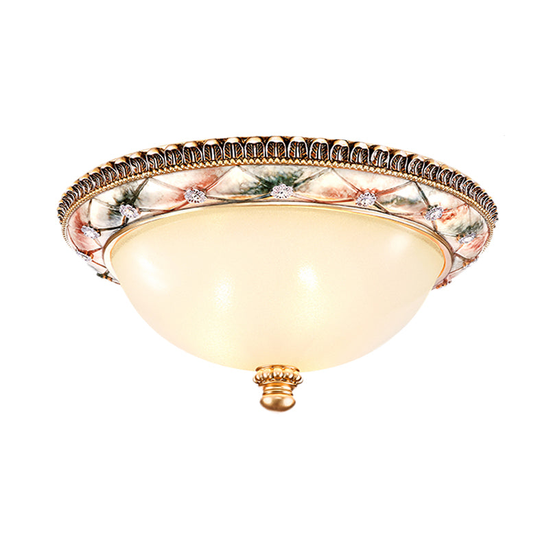 Domed White Glass Ceiling Mounted Lamp Traditional 16"/19.5" Wide 3-Head Bedroom Flush Lighting in Gold Clearhalo 'Ceiling Lights' 'Close To Ceiling Lights' 'Close to ceiling' 'Flush mount' Lighting' 1283272