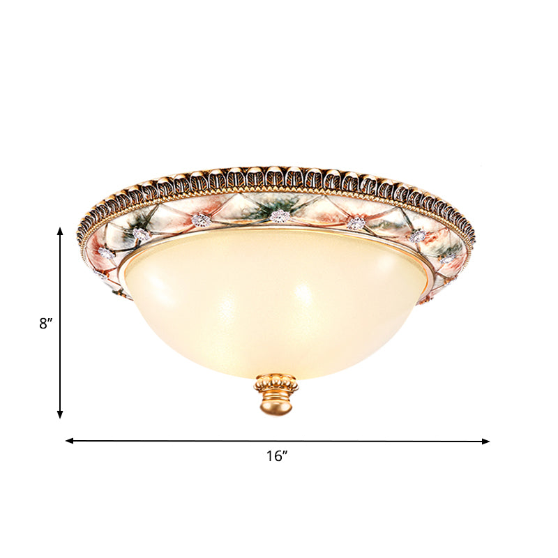 Domed White Glass Ceiling Mounted Lamp Traditional 16"/19.5" Wide 3-Head Bedroom Flush Lighting in Gold Clearhalo 'Ceiling Lights' 'Close To Ceiling Lights' 'Close to ceiling' 'Flush mount' Lighting' 1283273