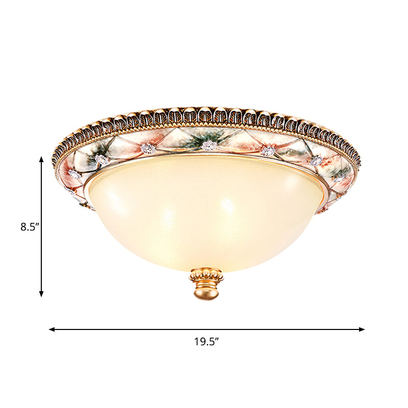 Domed White Glass Ceiling Mounted Lamp Traditional 16"/19.5" Wide 3-Head Bedroom Flush Lighting in Gold Clearhalo 'Ceiling Lights' 'Close To Ceiling Lights' 'Close to ceiling' 'Flush mount' Lighting' 1283274