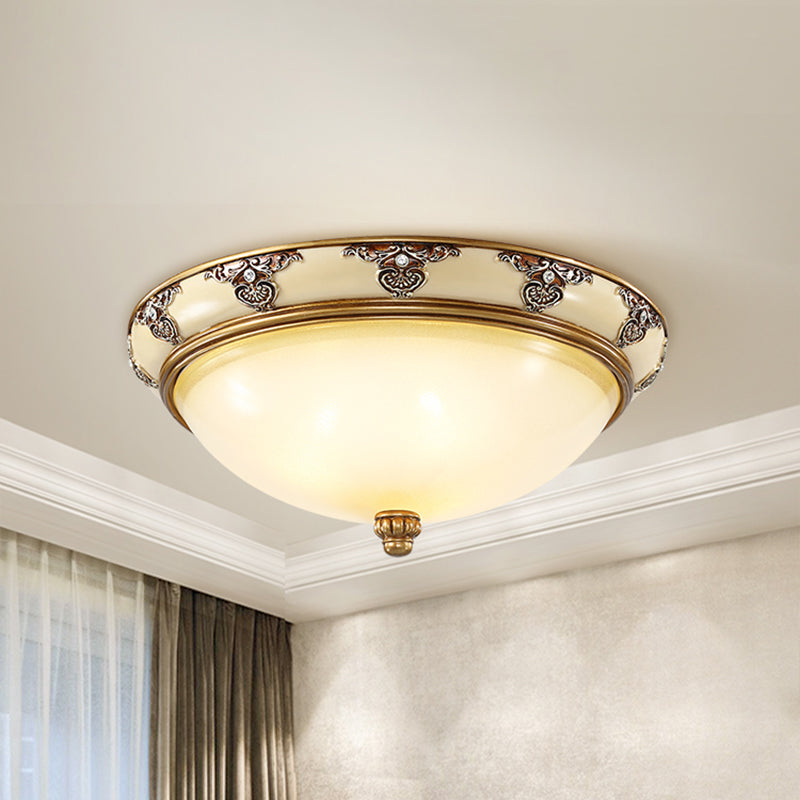 Classic Dome Shade Flush Mount Opal Glass 3 Bulbs 15"/19" Width Flush Ceiling Light Fixture in Gold Gold 19" Clearhalo 'Ceiling Lights' 'Close To Ceiling Lights' 'Close to ceiling' 'Flush mount' Lighting' 1283275