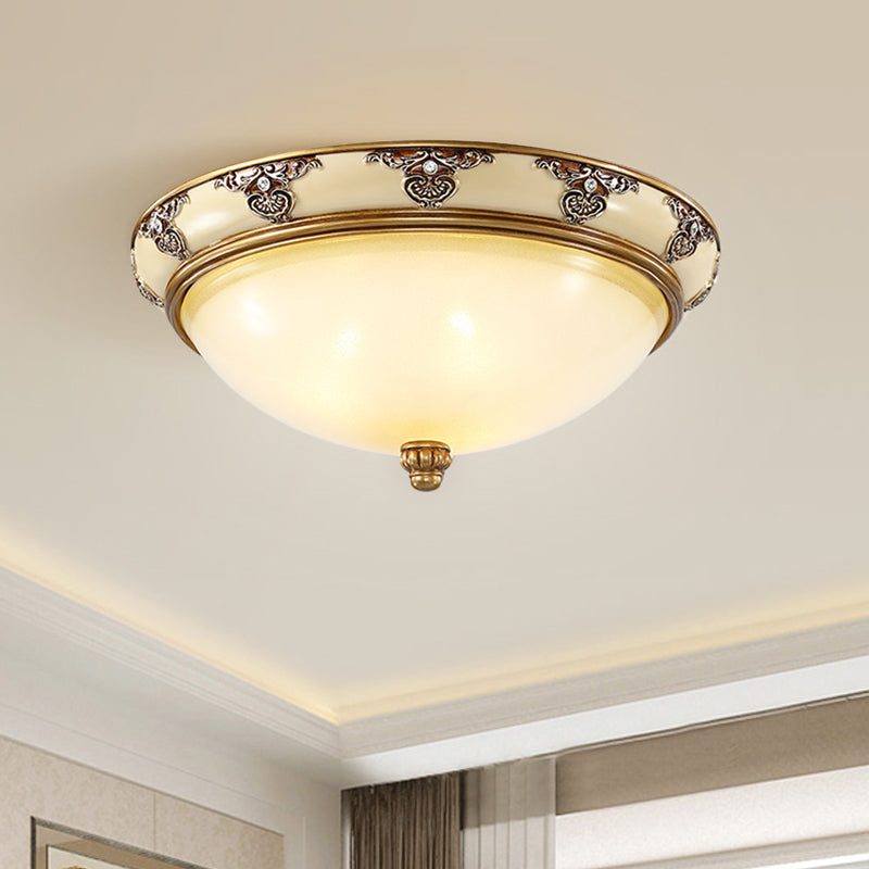 Classic Dome Shade Flush Mount Opal Glass 3 Bulbs 15"/19" Width Flush Ceiling Light Fixture in Gold Clearhalo 'Ceiling Lights' 'Close To Ceiling Lights' 'Close to ceiling' 'Flush mount' Lighting' 1283276