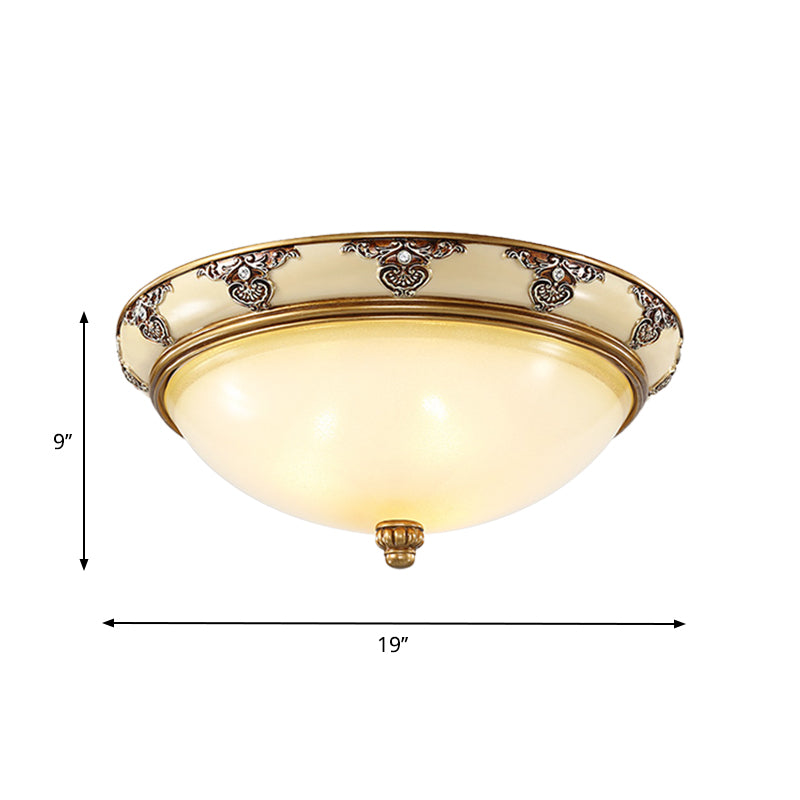 Classic Dome Shade Flush Mount Opal Glass 3 Bulbs 15"/19" Width Flush Ceiling Light Fixture in Gold Clearhalo 'Ceiling Lights' 'Close To Ceiling Lights' 'Close to ceiling' 'Flush mount' Lighting' 1283278