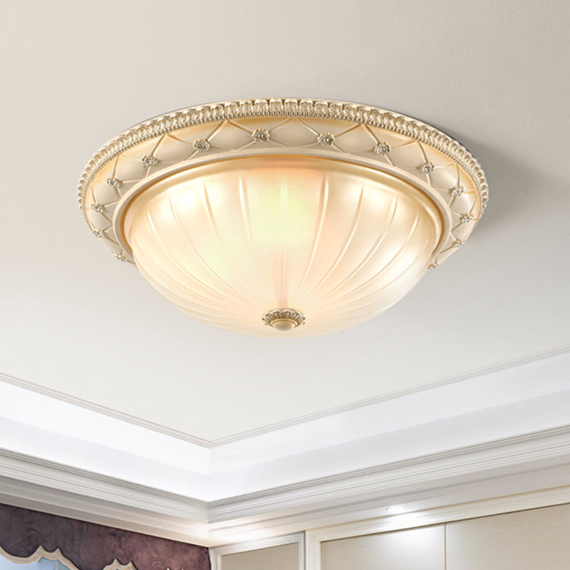 Beige Bowl Shaped Flush Ceiling Light Traditional Ribbed Glass 2/3 Lights 11.5"/16"/19.5" W Bedroom Flush Mount Beige Clearhalo 'Ceiling Lights' 'Close To Ceiling Lights' 'Close to ceiling' 'Flush mount' Lighting' 1283284