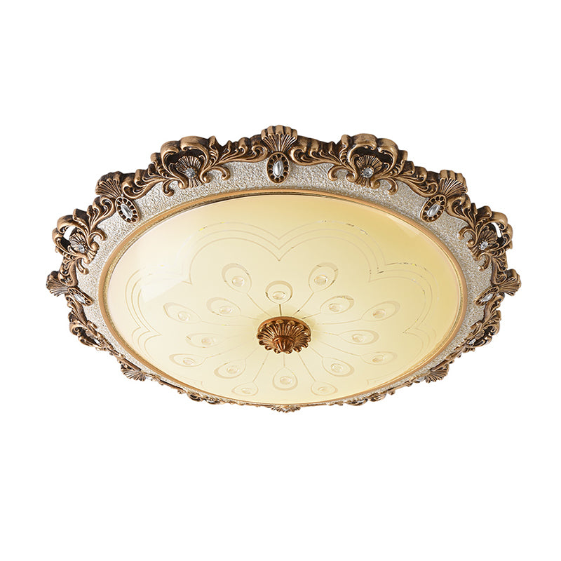 Domed Living Room Flush Light Fixture Traditional Veined Glass 15"/16.5"/21" Wide LED Brass Flush Lamp in Warm/White Light Clearhalo 'Ceiling Lights' 'Close To Ceiling Lights' 'Close to ceiling' 'Flush mount' Lighting' 1283298