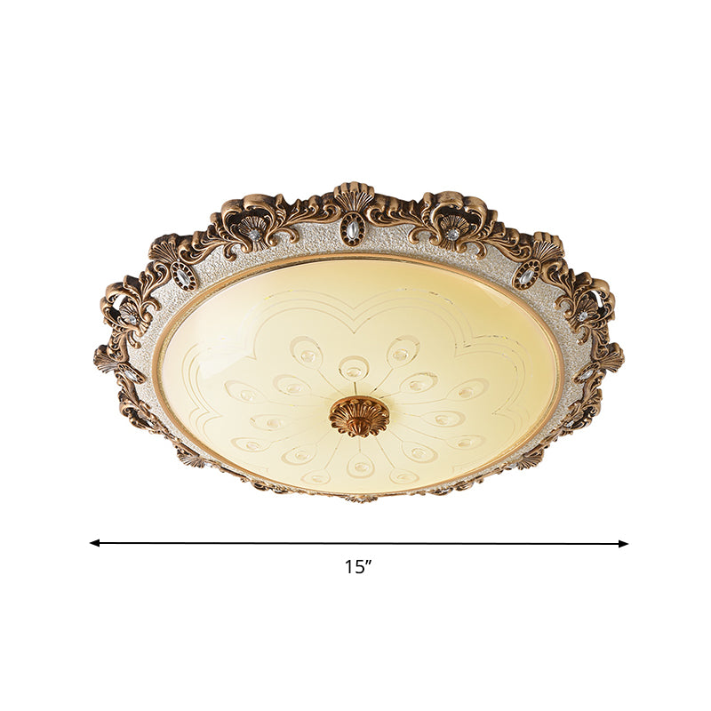 Domed Living Room Flush Light Fixture Traditional Veined Glass 15"/16.5"/21" Wide LED Brass Flush Lamp in Warm/White Light Clearhalo 'Ceiling Lights' 'Close To Ceiling Lights' 'Close to ceiling' 'Flush mount' Lighting' 1283299