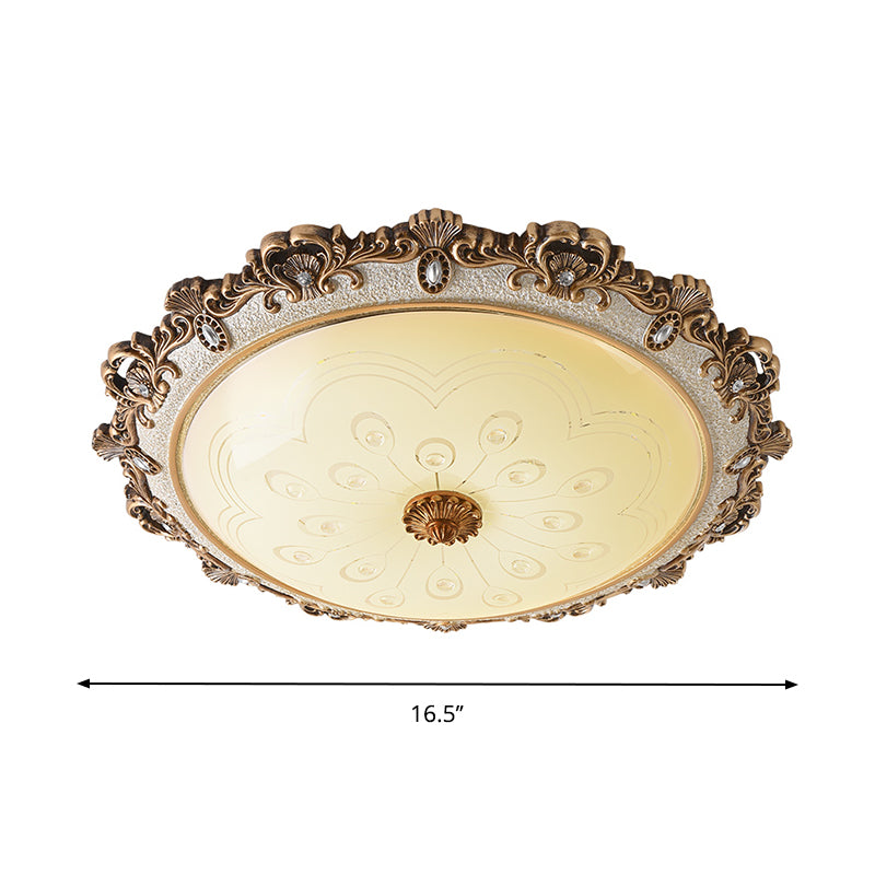 Domed Living Room Flush Light Fixture Traditional Veined Glass 15"/16.5"/21" Wide LED Brass Flush Lamp in Warm/White Light Clearhalo 'Ceiling Lights' 'Close To Ceiling Lights' 'Close to ceiling' 'Flush mount' Lighting' 1283300