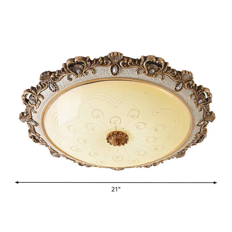 Domed Living Room Flush Light Fixture Traditional Veined Glass 15"/16.5"/21" Wide LED Brass Flush Lamp in Warm/White Light Clearhalo 'Ceiling Lights' 'Close To Ceiling Lights' 'Close to ceiling' 'Flush mount' Lighting' 1283301