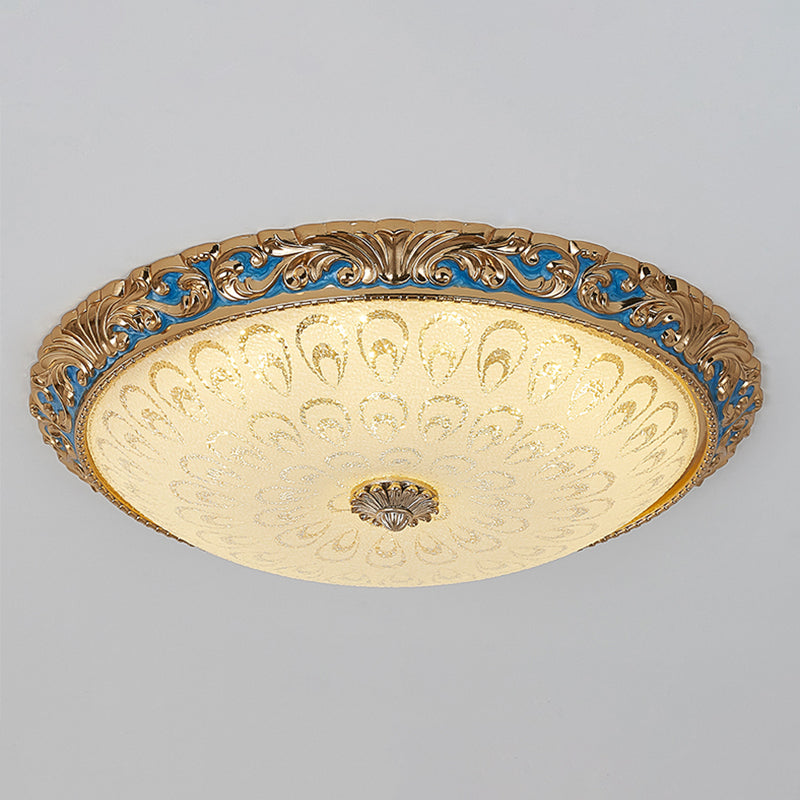 Textured Glass Brass Flush Ceiling Light Bowl Shape 12.5"/15"/19" Wide LED Farmhouse Flush Mount Fixture for Bedroom Clearhalo 'Ceiling Lights' 'Close To Ceiling Lights' 'Close to ceiling' 'Flush mount' Lighting' 1283322