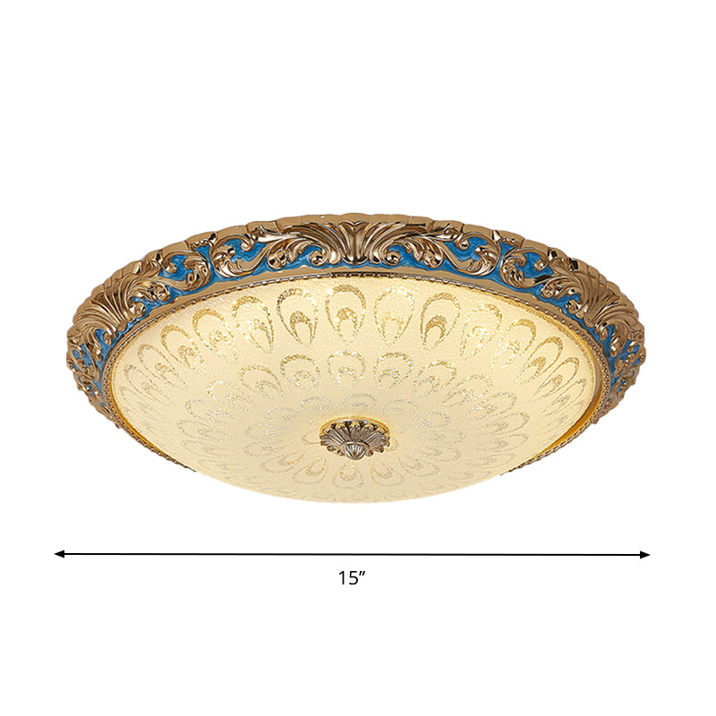 Textured Glass Brass Flush Ceiling Light Bowl Shape 12.5"/15"/19" Wide LED Farmhouse Flush Mount Fixture for Bedroom Clearhalo 'Ceiling Lights' 'Close To Ceiling Lights' 'Close to ceiling' 'Flush mount' Lighting' 1283324