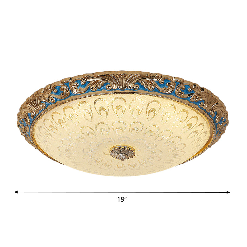 Textured Glass Brass Flush Ceiling Light Bowl Shape 12.5"/15"/19" Wide LED Farmhouse Flush Mount Fixture for Bedroom Clearhalo 'Ceiling Lights' 'Close To Ceiling Lights' 'Close to ceiling' 'Flush mount' Lighting' 1283325