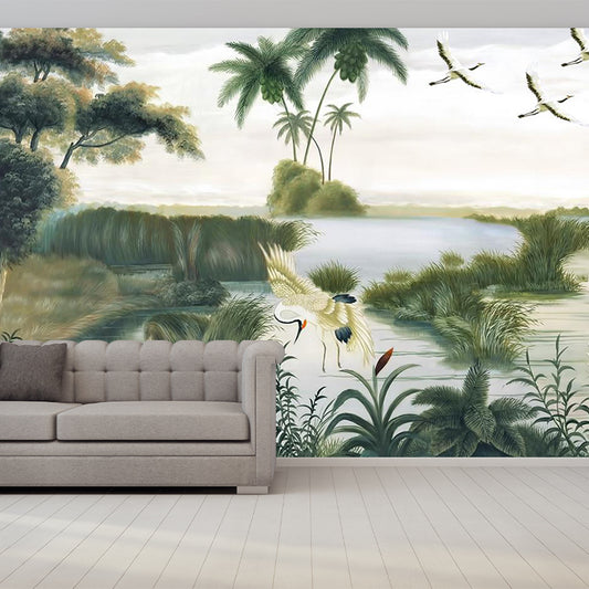 Asian Red-Crown Crane Murals Wallpaper Green Water Landscape Wall Decor for Living Room Clearhalo 'Wall Decor' 'Wall Mural' 1284839