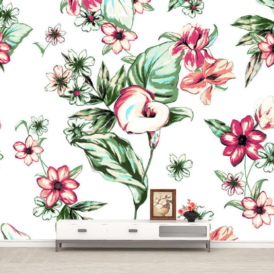 Tropics Flower Sleeping Flamingo Murals Red-Green Stain Resistant Wall Decor for Home Clearhalo 'Wall Decor' 'Wall Mural' 1285060