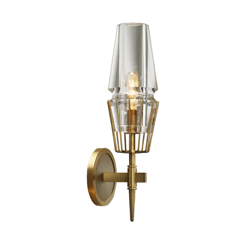 Tapered Clear Glass Wall Mount Light Modernist 1/2 Lights Gold Flush Mount Wall Sconce Clearhalo 'Cast Iron' 'Glass' 'Industrial' 'Modern wall lights' 'Modern' 'Tiffany' 'Traditional wall lights' 'Wall Lamps & Sconces' 'Wall Lights' Lighting' 128519