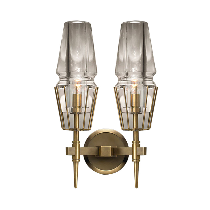 Tapered Clear Glass Wall Mount Light Modernist 1/2 Lights Gold Flush Mount Wall Sconce Clearhalo 'Cast Iron' 'Glass' 'Industrial' 'Modern wall lights' 'Modern' 'Tiffany' 'Traditional wall lights' 'Wall Lamps & Sconces' 'Wall Lights' Lighting' 128520