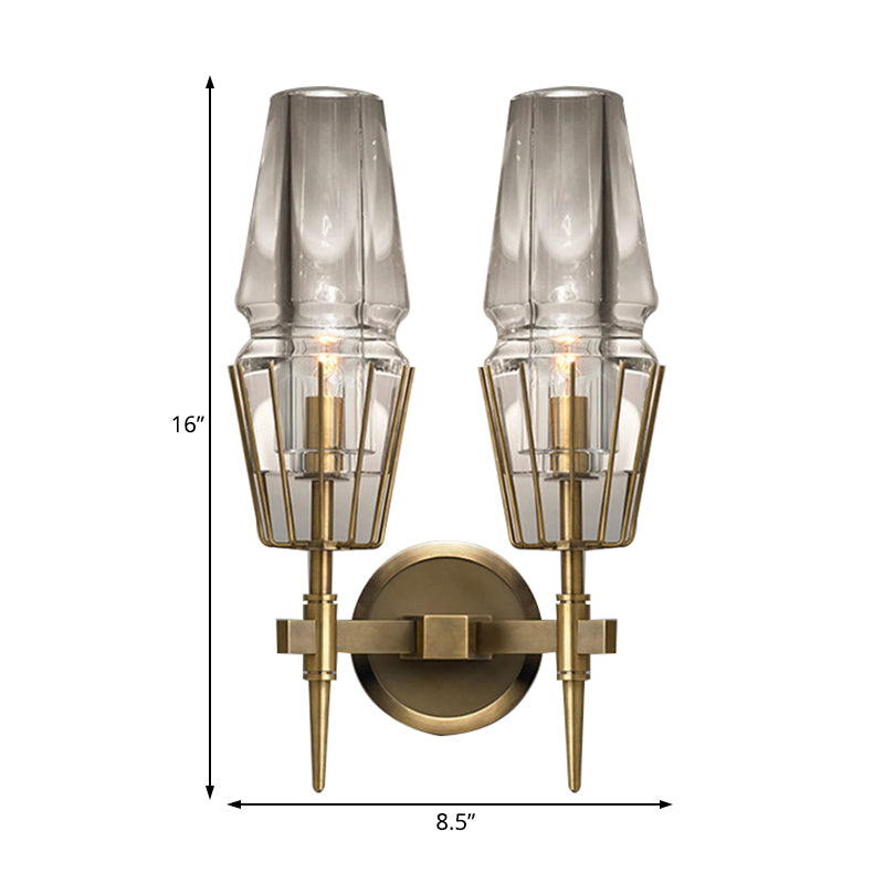 Tapered Clear Glass Wall Mount Light Modernist 1/2 Lights Gold Flush Mount Wall Sconce Clearhalo 'Cast Iron' 'Glass' 'Industrial' 'Modern wall lights' 'Modern' 'Tiffany' 'Traditional wall lights' 'Wall Lamps & Sconces' 'Wall Lights' Lighting' 128522