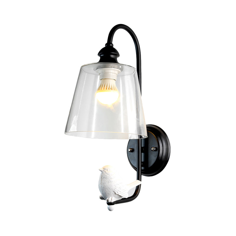 Cone Wall Lamp Modernist Clear Glass 1 Light White/Black Flush Mount Wall Sconce with White Bird Clearhalo 'Cast Iron' 'Glass' 'Industrial' 'Modern wall lights' 'Modern' 'Tiffany' 'Traditional wall lights' 'Wall Lamps & Sconces' 'Wall Lights' Lighting' 128525