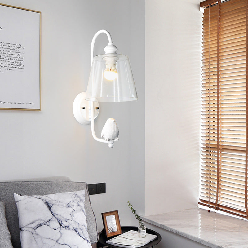 Cone Wall Lamp Modernist Clear Glass 1 Light White/Black Flush Mount Wall Sconce with White Bird White Clearhalo 'Cast Iron' 'Glass' 'Industrial' 'Modern wall lights' 'Modern' 'Tiffany' 'Traditional wall lights' 'Wall Lamps & Sconces' 'Wall Lights' Lighting' 128526