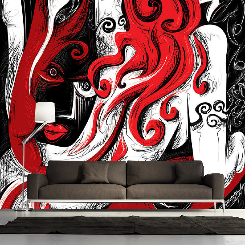 Red-Black Art Deco Wallpaper Murals Full-Size Human Painting Wall Covering for Home Clearhalo 'Wall Decor' 'Wall Mural' 1285313