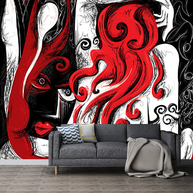 Red-Black Art Deco Wallpaper Murals Full-Size Human Painting Wall Covering for Home Clearhalo 'Wall Decor' 'Wall Mural' 1285314