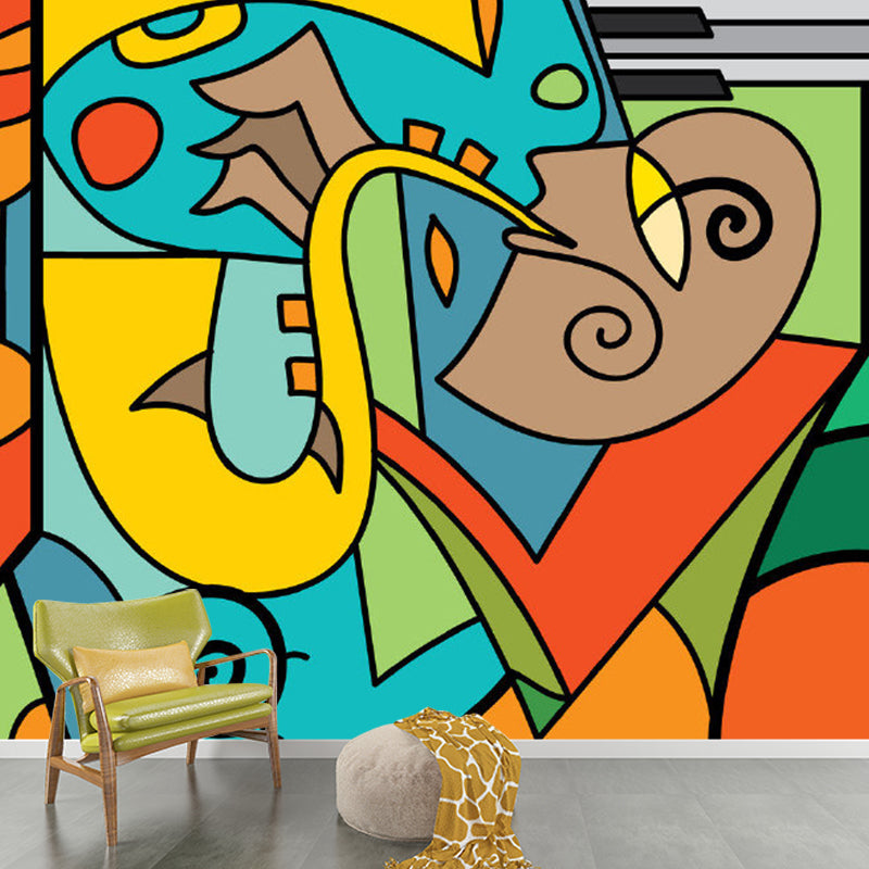 Artistry Picasso Saxophone Man Murals Blue-Yellow-Green Waterproof Wall Decor for Home Blue-Yellow-Green Clearhalo 'Wall Decor' 'Wall Mural' 1285337