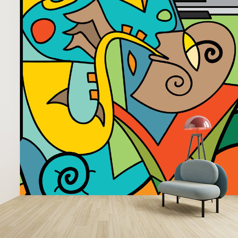 Artistry Picasso Saxophone Man Murals Blue-Yellow-Green Waterproof Wall Decor for Home Clearhalo 'Wall Decor' 'Wall Mural' 1285338