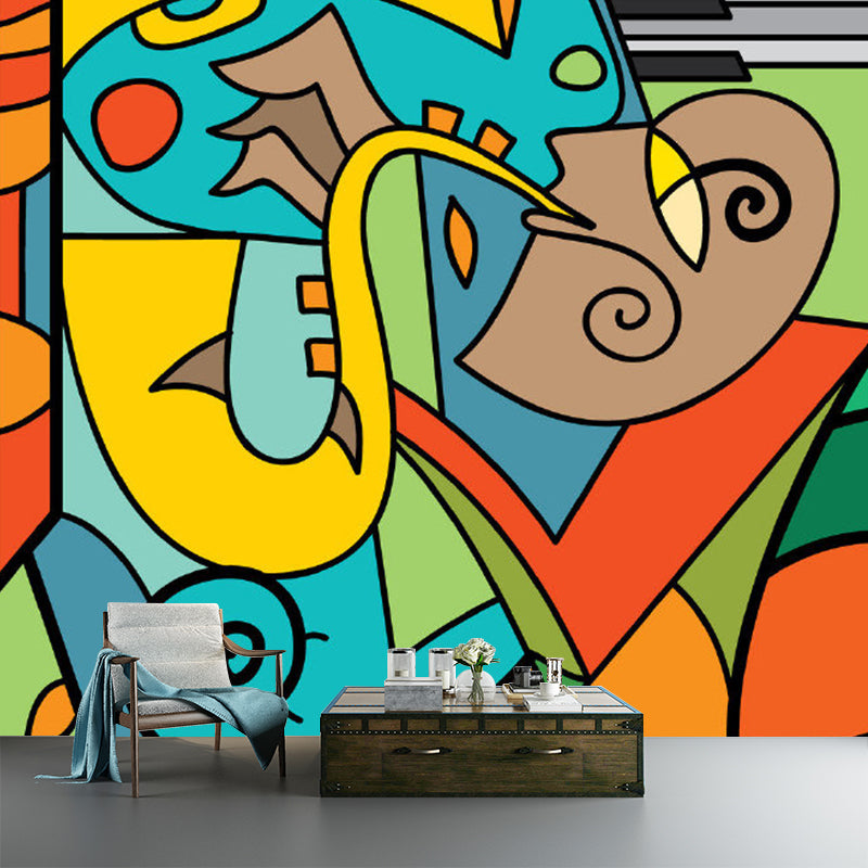 Artistry Picasso Saxophone Man Murals Blue-Yellow-Green Waterproof Wall Decor for Home Clearhalo 'Wall Decor' 'Wall Mural' 1285339