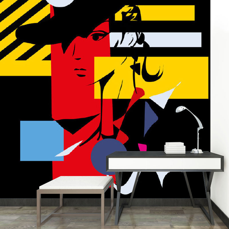 Art Deco Girls Wall Paper Murals with Woman Wearing Top Hat Painting, Black-Red-Yellow Clearhalo 'Wall Decor' 'Wall Mural' 1285348