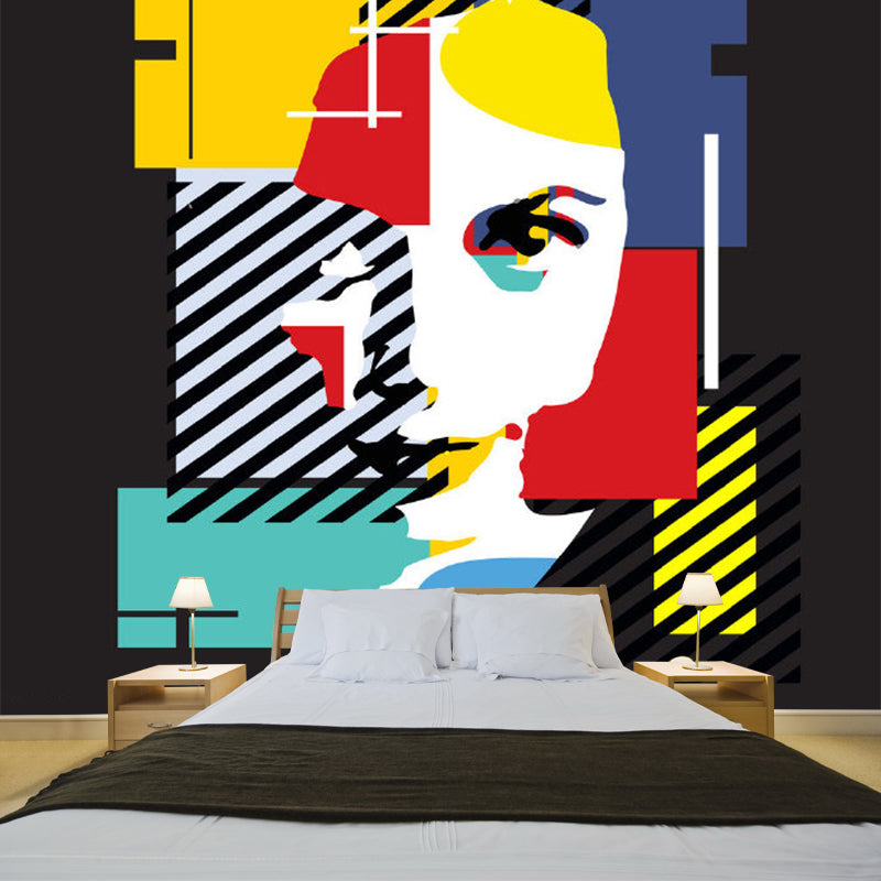 Woman Portrait Mural Wallpaper Red-Yellow-Blue Artistic Wall Covering for Bedroom Red-Yellow-Blue Clearhalo 'Wall Decor' 'Wall Mural' 1285352