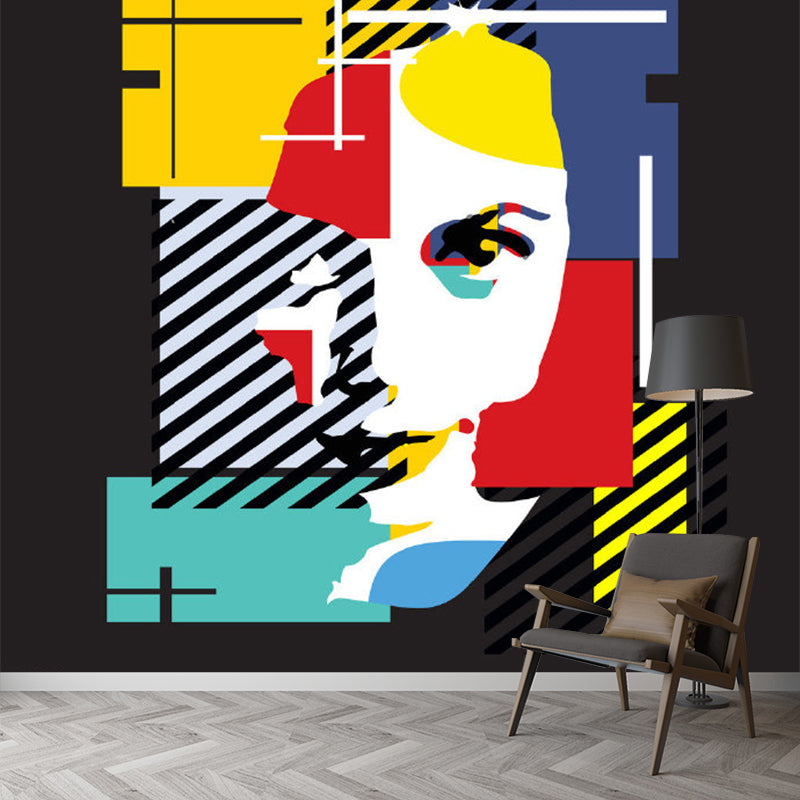 Woman Portrait Mural Wallpaper Red-Yellow-Blue Artistic Wall Covering for Bedroom Clearhalo 'Wall Decor' 'Wall Mural' 1285353