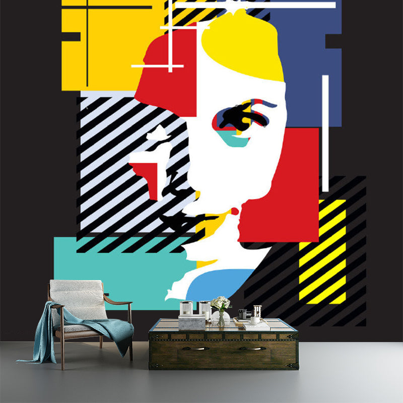 Woman Portrait Mural Wallpaper Red-Yellow-Blue Artistic Wall Covering for Bedroom Clearhalo 'Wall Decor' 'Wall Mural' 1285354