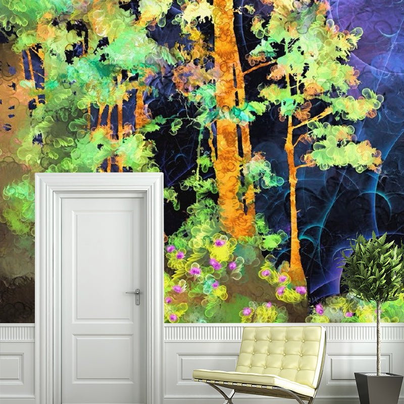 Washable Forest Overlook Painting Murals Customized Artistic Wall Decoration for Home Purple-Green Clearhalo 'Wall Decor' 'Wall Mural' 1285392