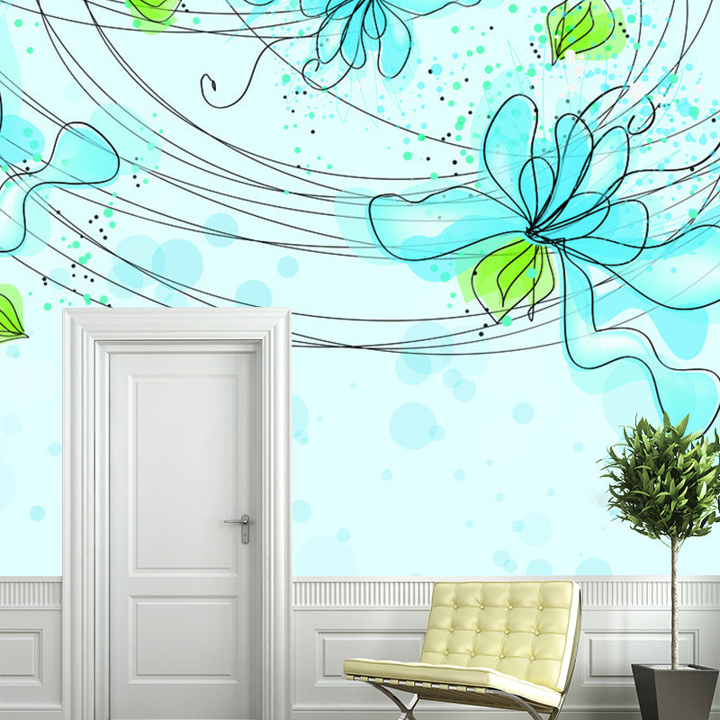 Whole Flower Wall Paper Mural Art Deco Lovely Bubbles Wall Covering in Blue and Green Clearhalo 'Wall Decor' 'Wall Mural' 1285448