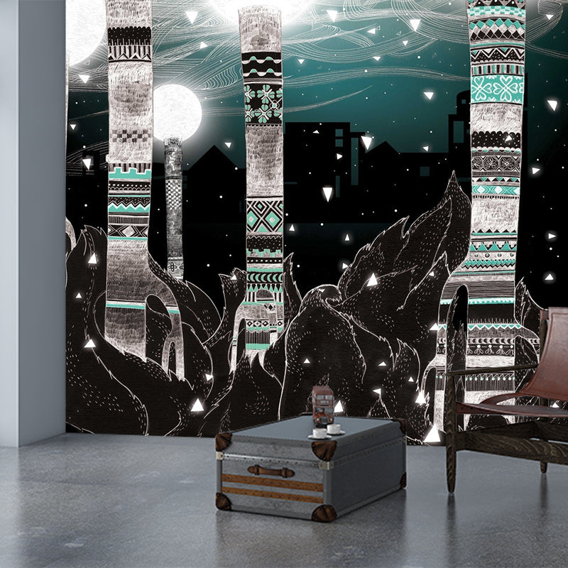 Whole Childrens Art Mural Wallpaper Black-Green City Light Tower Wall Covering, Custom Print Black-Green Clearhalo 'Wall Decor' 'Wall Mural' 1285567