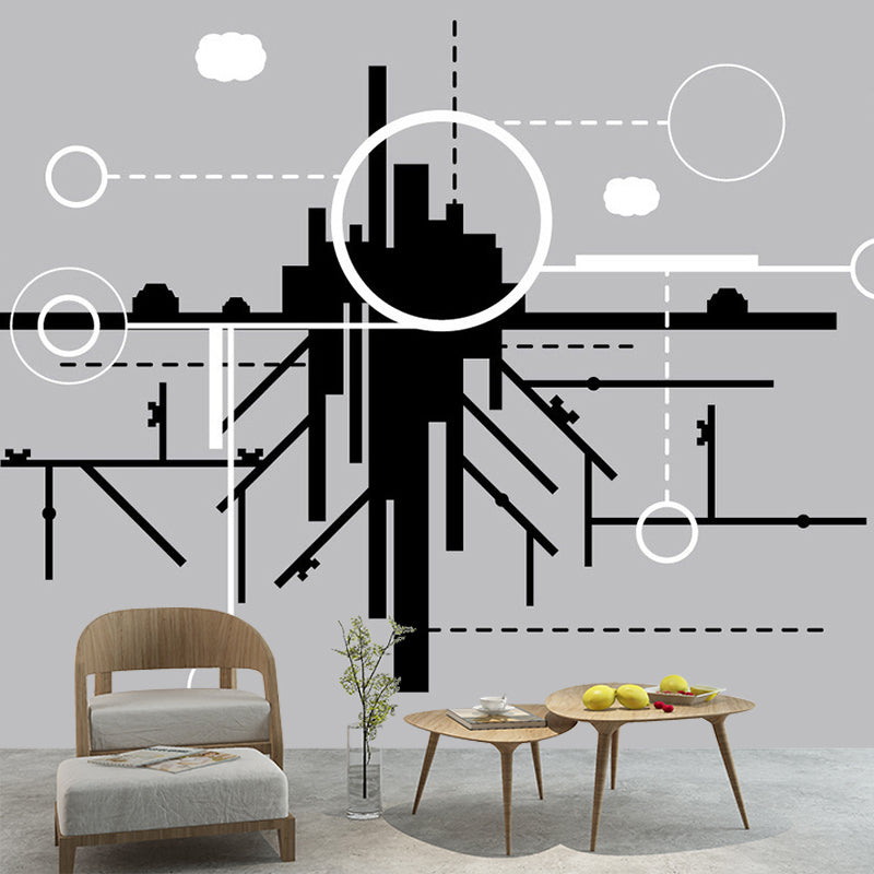 City Construction Wallpaper Murals Minimalist Non-Woven Cloth Wall Art in Black-Grey-White Clearhalo 'Wall Decor' 'Wall Mural' 1285573